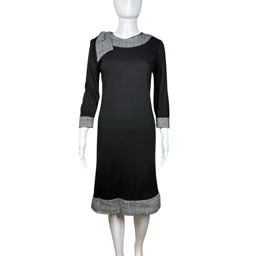 Stacey Ames 1960s 60s Vintage Black Wool Chevron Cuff Dress Small